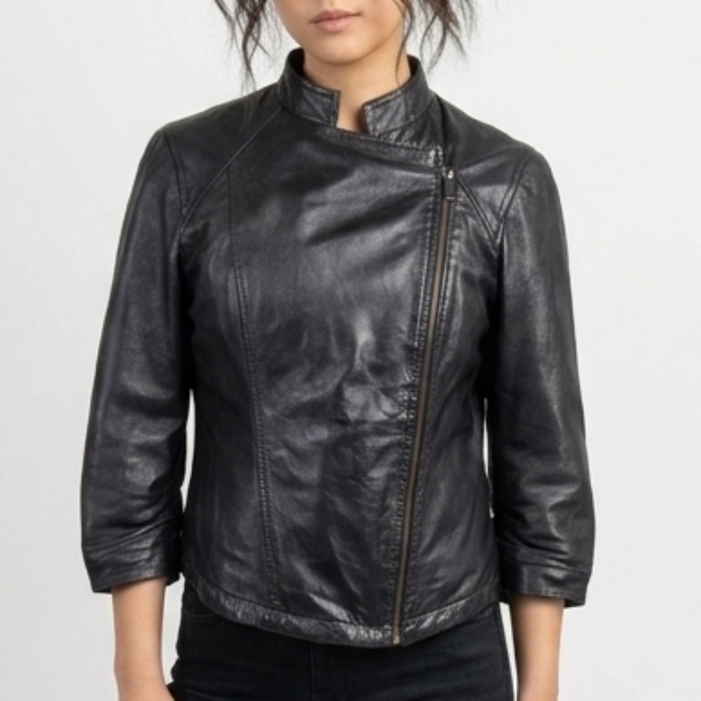 Bebe Y2K Black Leather Jacket Size Medium Cropped 3/4 Arms Soft Lightweight